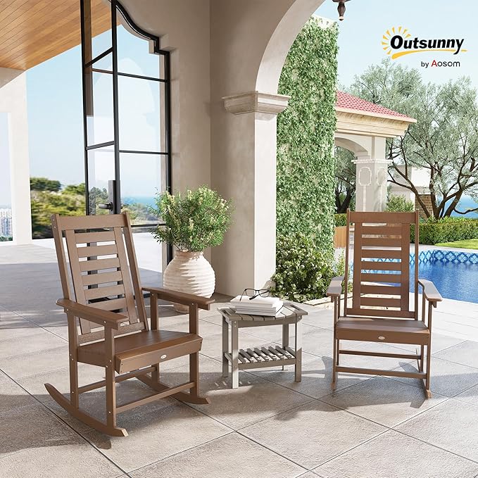 Outsunny Outdoor Rocking Chairs Set of 2, HDPE Patio Rocking Chairs with 28" High Back and Wide Armrests, All-Weather Slatted Porch Rockers for Garden, Balcony, Fire Pit, Brown