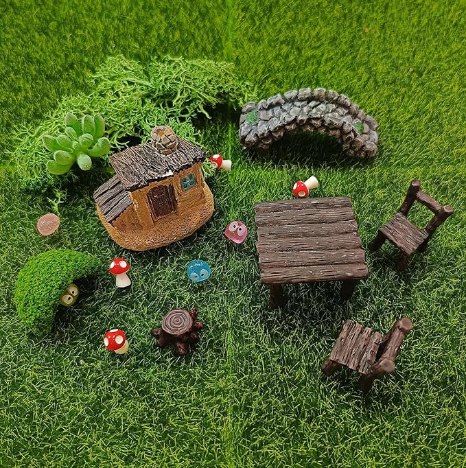 44 Pcs Fairy Garden Accessories, Miniature Table and Chairs Set, Miniature Figurines Mini Resin Animals House Bridge for Micro Landscape Potted Plant Terrarium Decor DIY Craft Gift