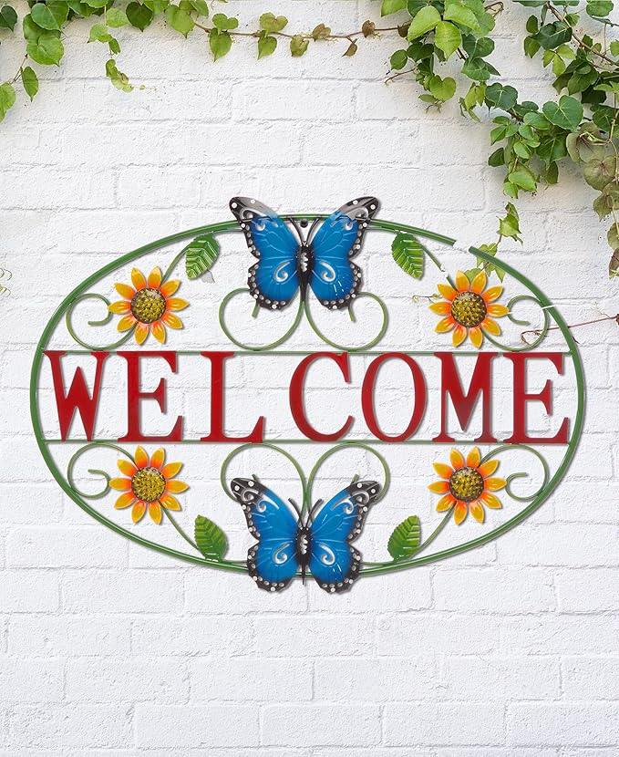 Glitzhome 23.75" L Welcome Wall Decor, Metal Rustic Sunflowers and Butterflies Decor Welcome Sign Wall Door Decoration for Home Outdoor Indoor Decorative Truck Metal Wall Hanging