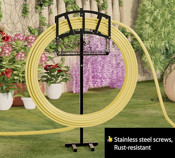 Fire Beauty Garden Hose Holder,Freestanding Water Hose Holder with Storage Basket,In ground Hose Rack Organizer for Outdoor,Detachable Hose Holder Stake,Hose Reel Stand Rack for Outside Lawn Yard