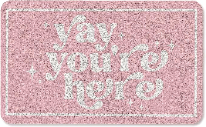 Funny Pink Door Mat, Yay You're Here Doormat for Front Door Indoor Outdoor Porch Entrance Entryway, Funny Welcome Mat Outside, 17x30 Inches