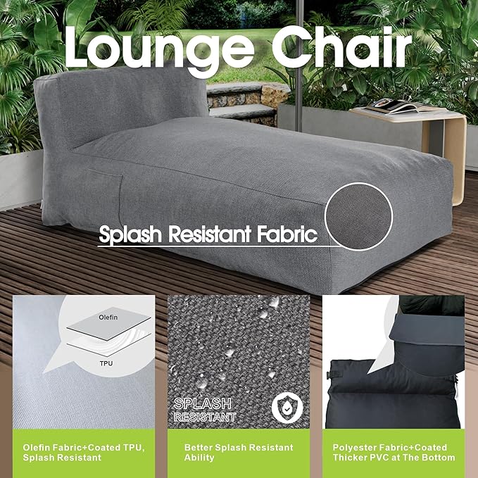 Outdoor Bean Bed Chair Sun Lounger, Outdoor Couch Sofa for Patio & Pool, Foam Filling Day Bed Furniture, Comfy Lazy Sofa for Outside, Water-Resistant Seating (Charcoal Gray, 70'' L)