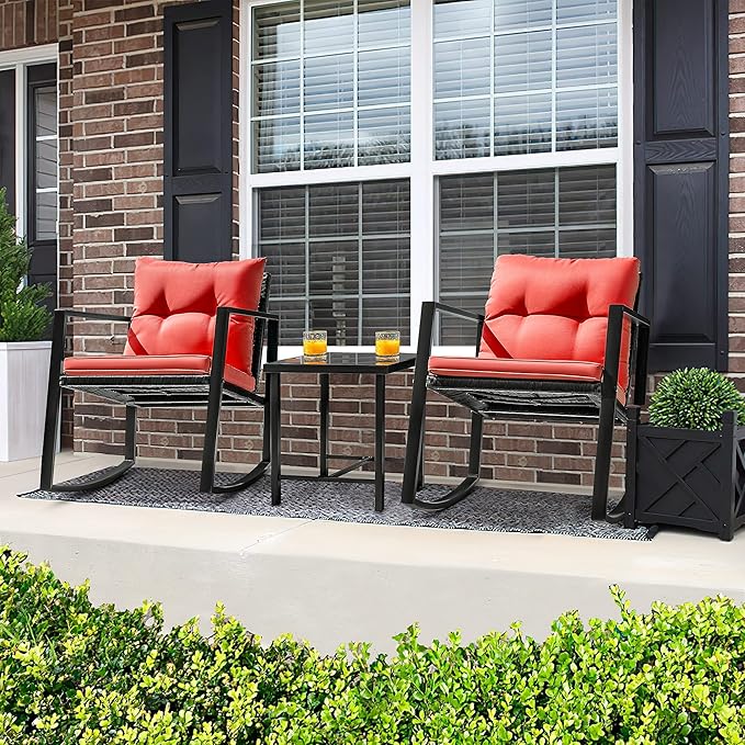 Flamaker Patio Chairs 3 Piece Wicker Rocking Chair Outdoor Bistro Sets with Coffee Table and Cushions Metal Frame Patio Furniture for Porch, Balcony, Lawn (Red)