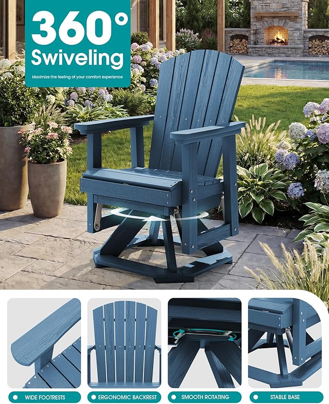 SERWALL Adirondack Swivel Glider Chair, HDPE Patio Glider for Outdoor, All-Weather Glider Chair for Porch, Balcony, Navy Blue