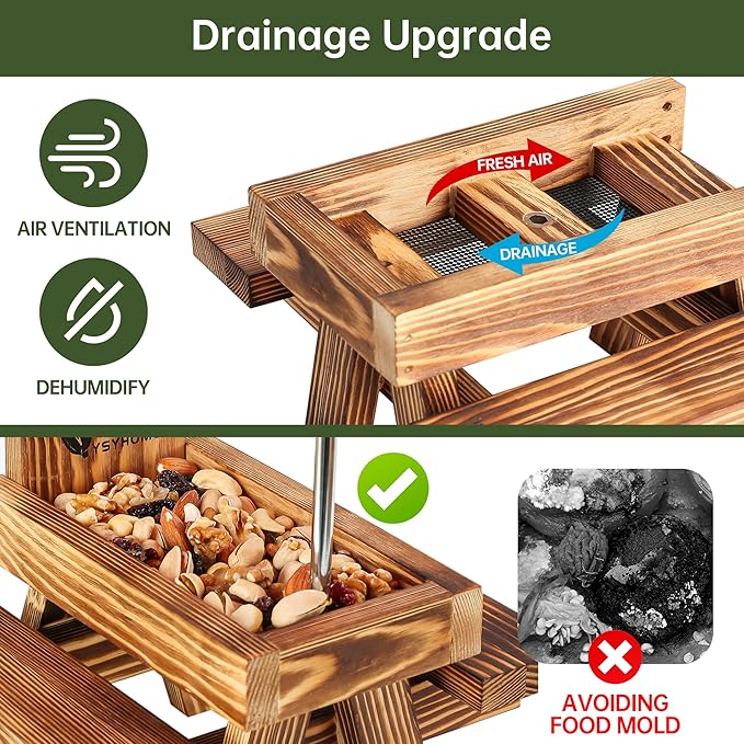 Squirrel Feeder for Outside with Umbrella, Carbonized Wood Squirrel Picnic Table Feeder with Corn Cob Holder & Peanut Tray, Durable Picnic Table for Squirrel and Chipmunk, New Premium Gift (Brown-red)
