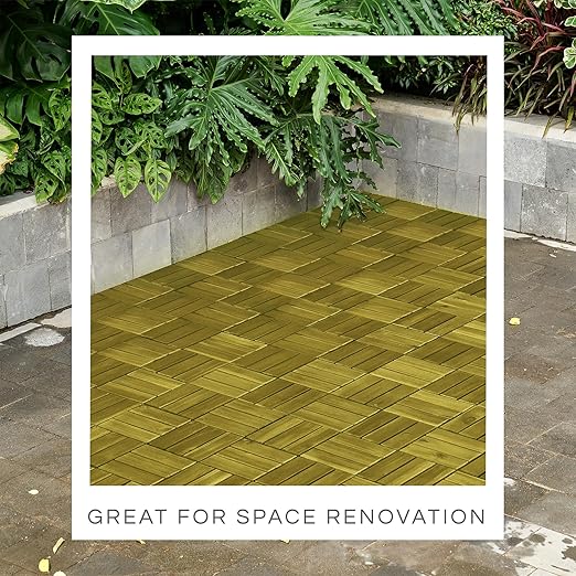 10 Pcs Deck Tiles, Patio Flooring - Outdoor Waterproof Acacia Wood Tiles for All Weather Use - Balcony, Backyard, Indoor & Outdoor (SweetGrass, 10 Square Ft)
