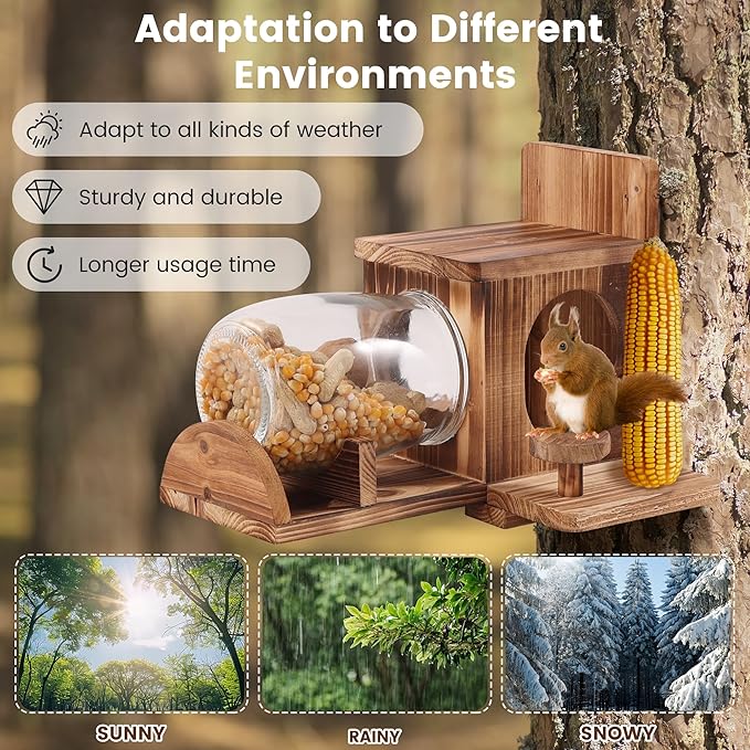 Wood Squirrel Feeder, Squirrel Feeders for Outside Garden Tree, Chipmunk Feeder for Corn Peanuts, Removable Storage Bottle, 2 Stable Squirrel Stools