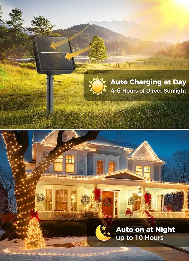Solar String Lights for Outside, 2-Pack 200LED 78FT Total Solar Lights Outdoor IP65 Waterproof Solar Powered Lights with 8 Lighting Modes for Party Garden Yard Holiday Tree Decoration, Warm White