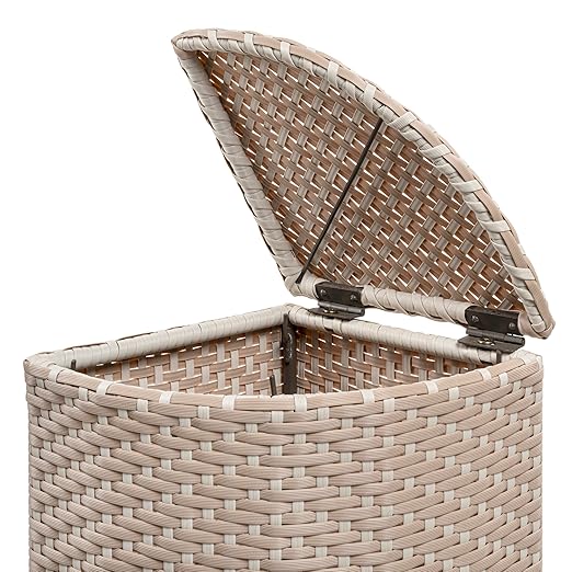 happimess HPM1200D Chloe 15.56-Gallon All-Weather Wicker/Metal Corner Hideaway Outdoor Trash Can, Light Pink/White, Classic, Coastal, Casual Wastebin for Backyard, Patio, Porch, Kitchen