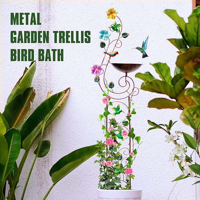 57" Height Metal Bird Bath with Trellis for Outdoor, Vintage Decorative Bird Baths, Small Garden Plant Support, Antique BirdBath for Climbing Plants with Detachable Iron Bowl (Hummingbird)