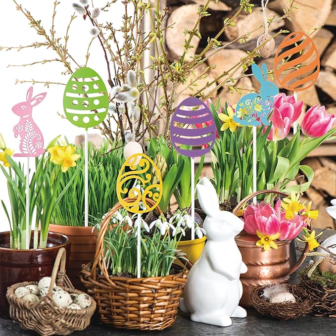 Metal Easter Day Planter Stakes - 6 Pcs Cute Bunny Yard Sign Easter Egg Cut-Out Decorative Garden Stake for Planter Outdoor Backyard Pathway Lawn Plant Flower Pots Decor Spring Party Supply
