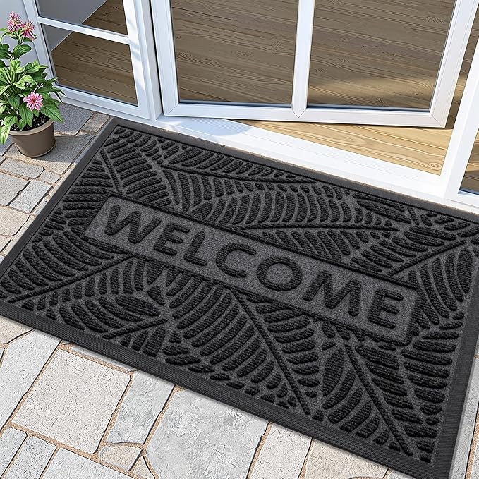 Smiry Welcome Mat Indoor Outdoor, All-Season Waterproof Front Door Mat, Sturdy Natural Rubber Doormat, Non-Slip, Easy Clean, Low Profile Dirt Trapper for Porch Patio Entrance, 47x23, Grey