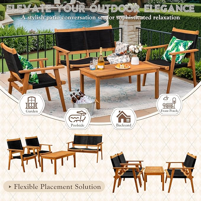 Devoko 4 Pieces Acacia Wood Patio Conversation Sets, Patio Furniture Set with Hand Woven Rope Seats and Back, Outdoor Chair and Table Set for 4 for Balcony, Backyard, Deck, Poolside