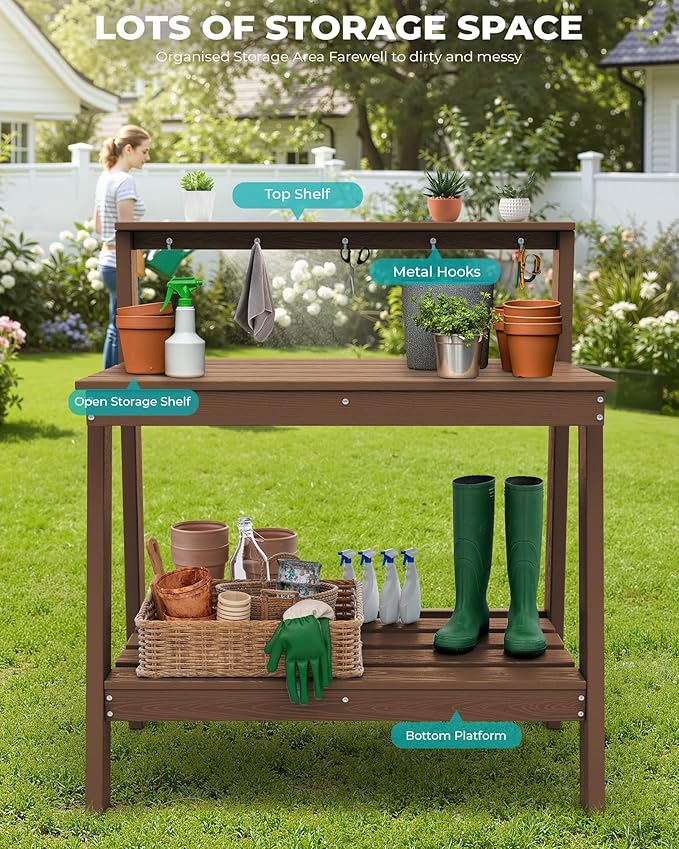 SERWALL Potting Bench Outdoor with Storage, 3-Tier HDPE Gardening Table with Angled Legs & Tool Hooks, All-Weather Heavy Duty Potting Table for Patio, Backyard, Garden, Brown