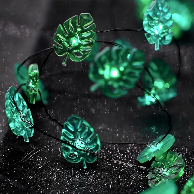 Summer Tropical Leaf Lights for Bedroom Battery - Operated Fairy Lights with Remote - Tropical Monstera Green Decor Acrylic Monstera Leaf Decor for Summer Party Home