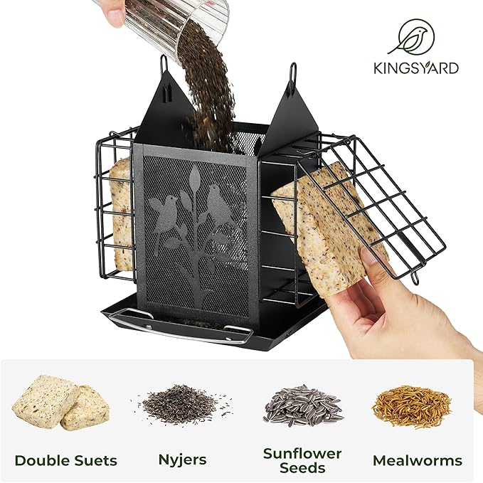 Kingsyard Metal Bird Feeder for Outdoor Hanging, Wild Bird Feeder with Double Suet Cage, Weatherproof Roof and 3 lbs Large Seed Capacity, Black