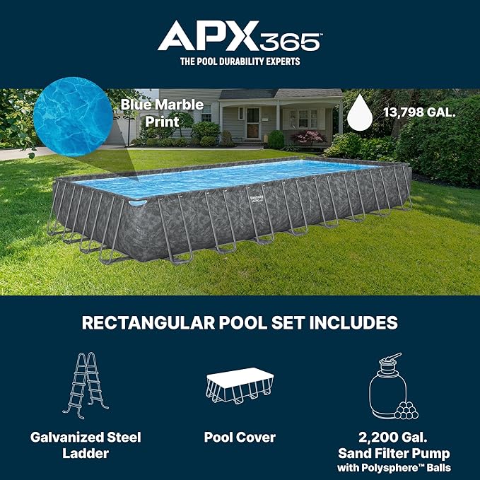 Bestway APX 365 31’4" x 16' x 52” Above Ground Pool, Rectangular Metal Frame Outdoor Swimming Pool Set with Sand Filter Pump, Ladder, and Cover, Dark Marble