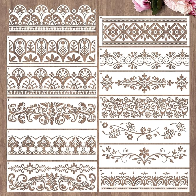 Flower Border Stencils for Painting - 12 Pcs Corner Border Stencils for Crafts Reusable, Mexican Art Floral Lace Stencil, Large Wall Stencil for Painting on Wood Wall Canvas