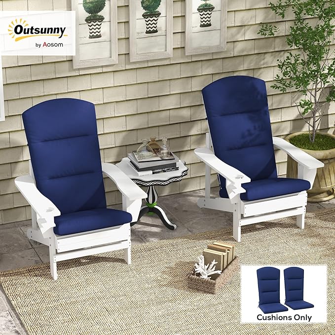 Outsunny 2 Piece Adirondack Chair Cushions, 59 x 20.5 x 2 inch Outdoor Chair Cushions for Fire Pit Chairs with Seat, Back, Ties, Water Repellent Replacement Patio Seat Pads, Blue