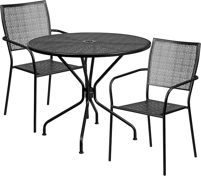 Flash Furniture Commercial Grade 35.25" Round Black Indoor-Outdoor Steel Patio Table Set with 2 Square Back Chairs