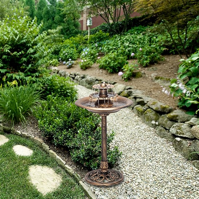 Alpine Corporation TEC106-BZ 35” Tall 3-Tier Pedestal Water Fountain with Birdbath in Vintage – Outdoor Garden Fountain for Yard, Patio, Deck Decoration, Bronze