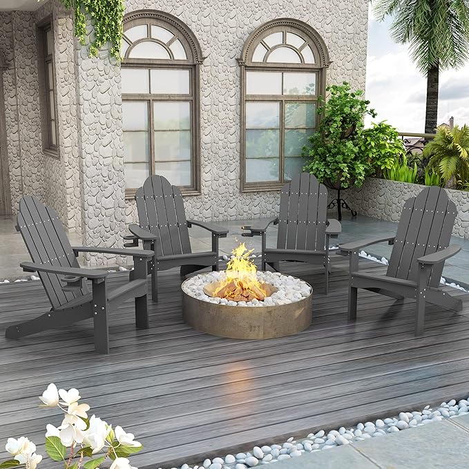 LUE BONA HDPS Adirondack Chairs Set of 2, Fire Pit Outdoor Chair Weather Resistant with Cup Holder, Modern Plastic Chair Plastic for Patio, Deck, Proch, 350LBS, Dark Gray