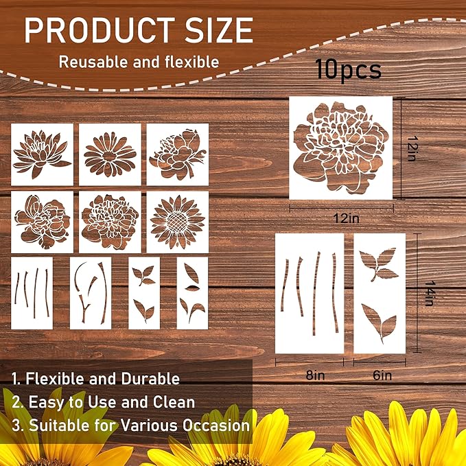 Keluna Large Flower Stencils for Painting - Wall Stencils for Painting Large Pattern on Wood Fence Garden Sunflower Peony Design