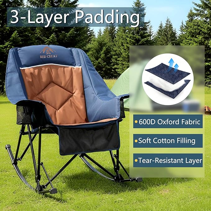 400lbs Rocking Camping Chair, Oversized Heavy Duty XL Folding Rocker for Adults, Padded High Back Big & Tall Support, with Cup Holders & Carry Bag for RV, Lawn, Patio & Sports