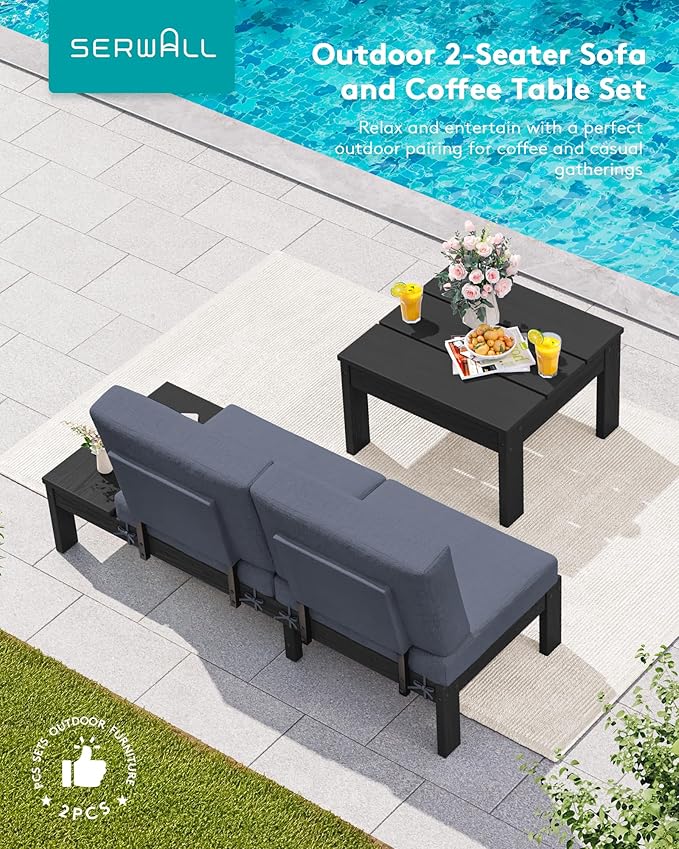 SERWALL HDPE Outdoor Furniture Set, 2 Seats Outdoor Sectional with Coffee Table, All Weather Patio Sofas, Outdoor Conversation Sets with Adjustable Backrest Sofa for Backyard, Garden, Black with Grey