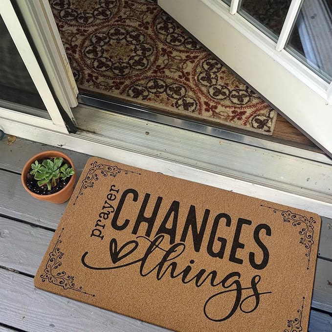 Christian Door Mat Doormat, Bible Verse Welcome Front Door Mat Indoor Outdoor Entrance, Prayer Changes Things Faith Based Artificial Coir Doormats Rugs for Porch Entryway Home Decor 30x17in