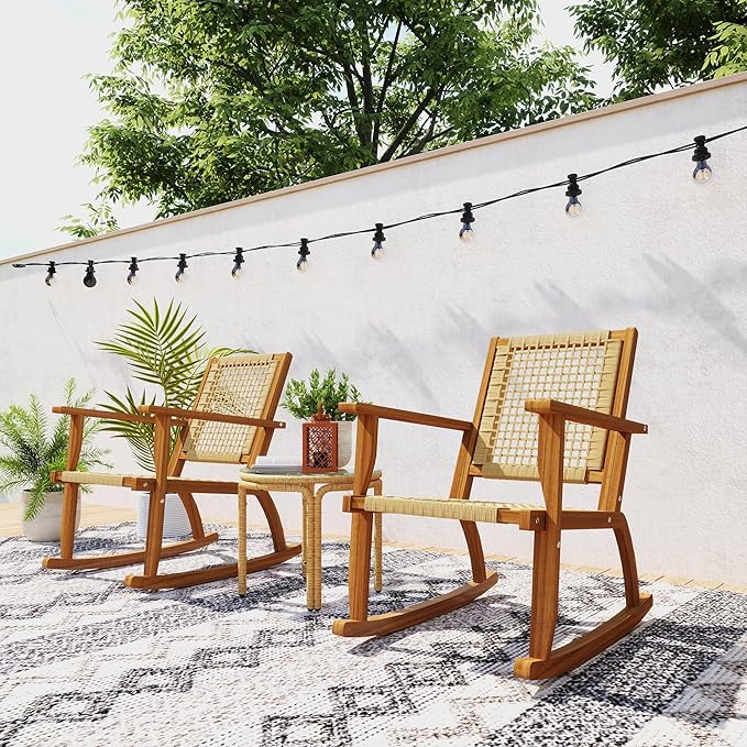 Outsunny Outdoor Rocking Chair Set of 2, Acacia Wood Outdoor Rockers with Armrests, Rattan Wicker Back and Seat, Patio Wooden Rocking Chair Set for Garden, Balcony, Porch, Khaki
