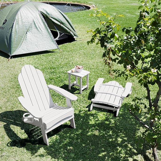 LUE BONA Folding Adirondack Chair 3 Piece Set, White HDPS Outdoor Chair with Side Table & Cup Holder for Poolside Balcony Seating