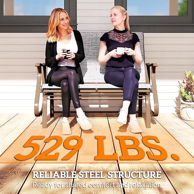 Outsunny 2-Person Outdoor Glider Bench，Patio Glider Loveseat Chair with Powder Coated Steel Frame，2 Seats Porch Rocking Glider for Backyard, Lawn, Garden and Porch, Mixed Gray