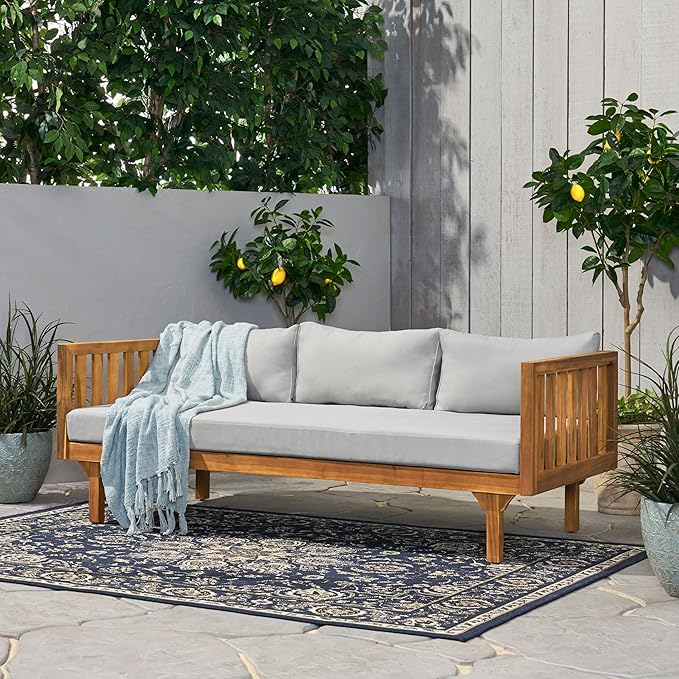 LUMISOL Outdoor Acacia Wood Daybed, Patio 3-Seater Sofa with Water-Resistant Cushions, Patio Outdoor Daybed with Slatted Armrests & Wood Legs for Backyard, Deck, Poolside, Teak