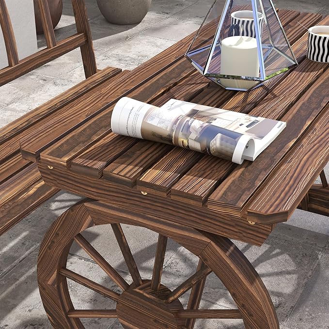 Outsunny Outdoor Table and Chairs for 4 People, Wooden Patio Table and Dining Bench Set, 3 Piece All Weather Furniture Set with Wagon Wheel Design for Backyard Garden, Deck, Carbonized