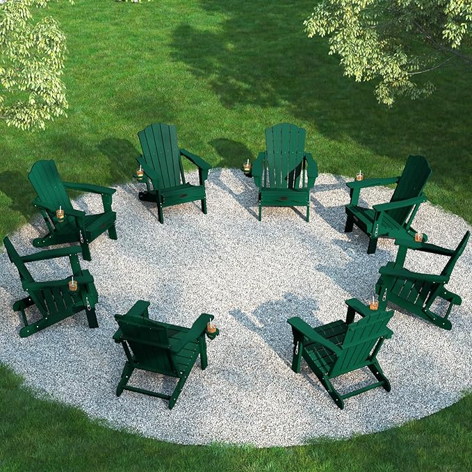 Folding Adirondack Chair Set of 8,HDPE All-Weather Outdoor Chair with Cup Holder,Wooden Textured,Fire Pit Chair,Plastic Patio Chair for Deck,Backyard,Garden,Lawn(Green)