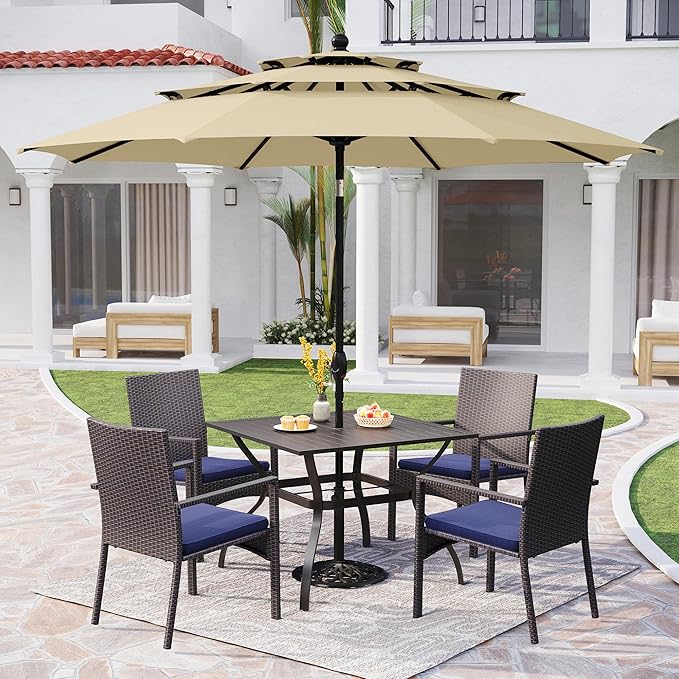 PHI VILLA 5 Piece Outdoor Dining Set with Umbrella, 37" Square Metal Dining Table & 4 Cushioned Wicker Rattan Chairs with 10ft Beige Umbrella for Patio, Deck, Yard, Porch