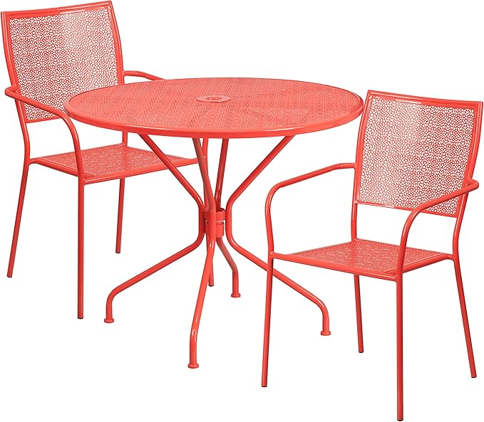 Flash Furniture Commercial Grade 35.25" Round Coral Indoor-Outdoor Steel Patio Table Set with 2 Square Back Chairs