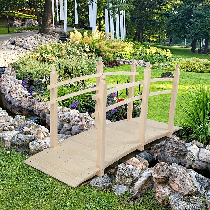 VINGLI 7.5 ft Garden Bridge, Arch Walkway Wooden Bridge with Safety Rails Natural Finished, Decorative Landscaping Footbridge for Koi Pond, Dry Creek Bed, Garden Pathway or Japanese Zen Decor