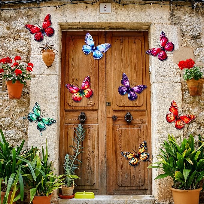 8 Pcs 3D Metal Butterfly Wall Decor 5. 12 x 6. 69 Inches Colorful Butterfly Hanging Wall Art for Garden Yard Living Room Bedroom Patio Balcony Outdoor Fence Decoration(Elegant Style)