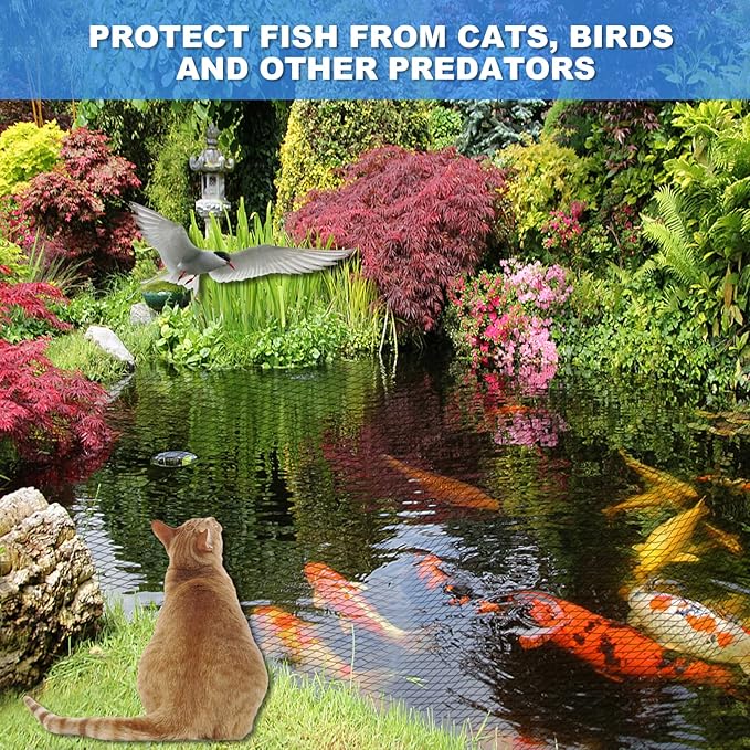 Pond Netting, 14 x 14 FT Pond Net for Koi Ponds, Garden Pool Fine Mesh Pond Netting for Leaves, Protects Koi Fish from Birds Cats Predators, with 14 Stakes and 30 Cable Zip Ties