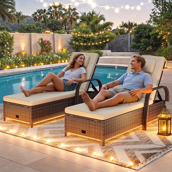 DWVO LED Outdoor Lounge Chairs, Patio Wicker Chaise Lounge Chair with LED Lights & 5-Level Backrest, Wheels and Storage for Deck, Pool, Backyard, Brown & Beige
