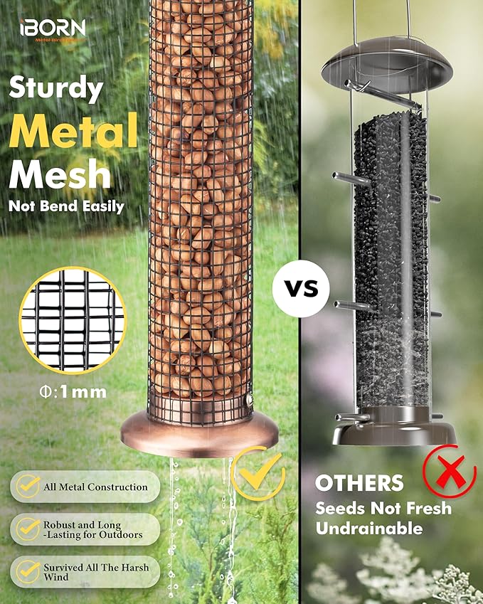 iBorn Metal Peanut Bird Feeders for Outdoors - 14" Peanut & Sunflower Seed Feeder, Hanging Metal Mesh Mixed Seed Bird Feeder with Easy-Clean Design for Woodpeckers, Jays, Titmice,Copper