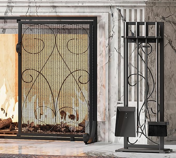 Kingson 5-Piece Heavy Duty Wrought Iron Fireplace Tool Set - Durable Indoor & Outdoor Fireplace Accessories with Decorative Black Finish - Stylish and Functional Hearth Décor for Fireplaces