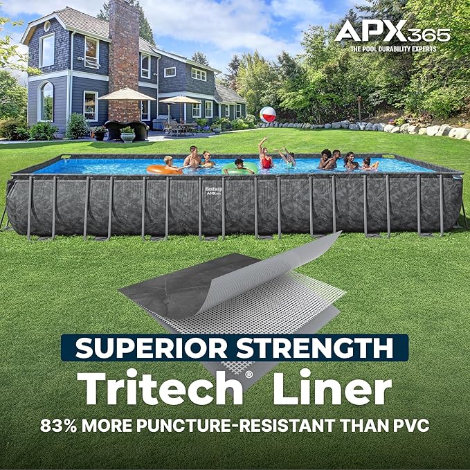 Bestway APX 365 31’4" x 16' x 52” Above Ground Pool, Rectangular Metal Frame Outdoor Swimming Pool Set with Sand Filter Pump, Ladder, and Cover, Dark Marble
