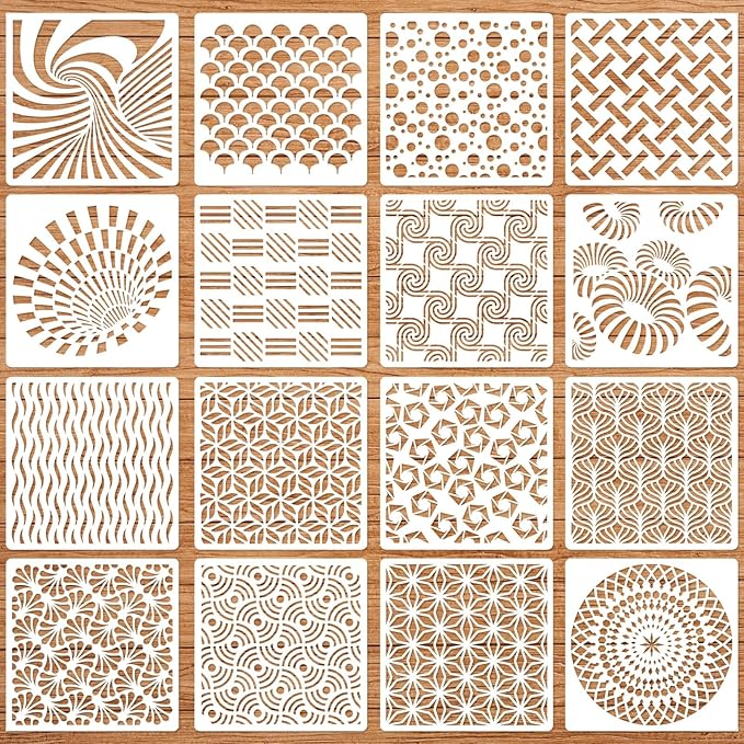 Geometric Stencils for Painting, 16PCS 6" Plastic Stencils for Crafts Reusable, Spiral Vortex & Sunburst Patterns, Drawing Templates for Modern Wall Art, Furniture, Canvas & Home Decor