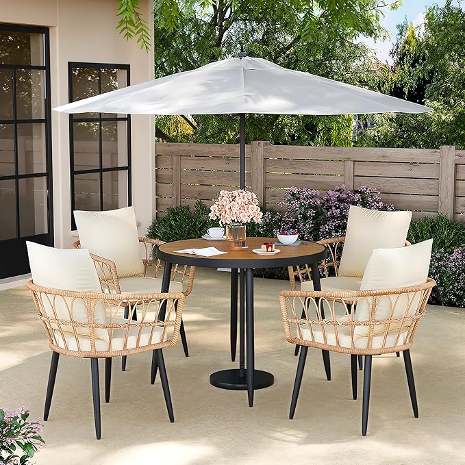 Pamapic 5-Piece Outdoor Dining Set, All-Weather PE Rattan Outdoor Furniture Set with Wood Table Top, Patio Dining Set with Cushion Chairs & Round Table for Garden, Lawn, Patio (Yellow & White)