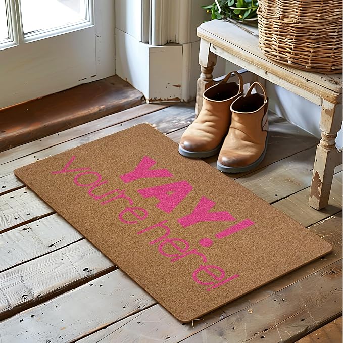 Yay You're Here Door Mat, Funny Welcome mat, Trendy Preppy Pink Coir Door Mats Outdoor Indoor Outside Entrance for Teen Girls, Girly Apartment College Dorm Room Decor 17x29 Inch