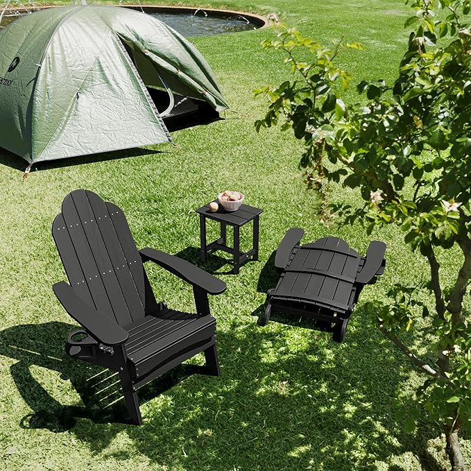 LUE BONA Folding Adirondack Chair 3 Piece Set, Black HDPS Outdoor Chair with Side Table & Cup Holder for Fire Pit Porch Seating