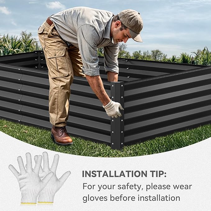 YITAHOME 96x48x18 in Galvanized Raised Garden Bed Kit, Large Metal Planter Box with Gloves, Safety Rubber & Support Rod, Outdoor Flower Bed for Plants Vegetables, Black